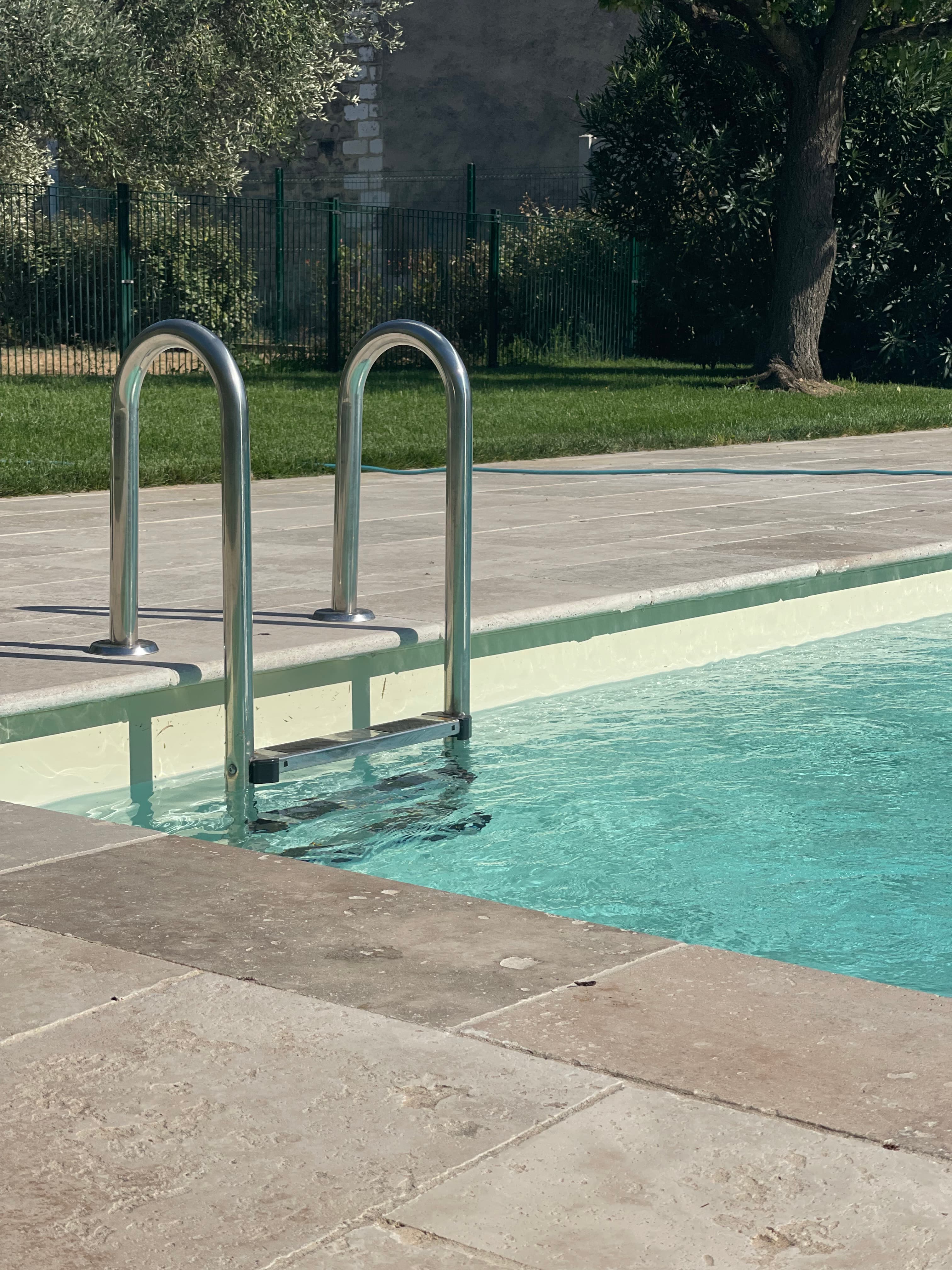 Close-up of the pool stainless steel entry ladder with olive tree beyond