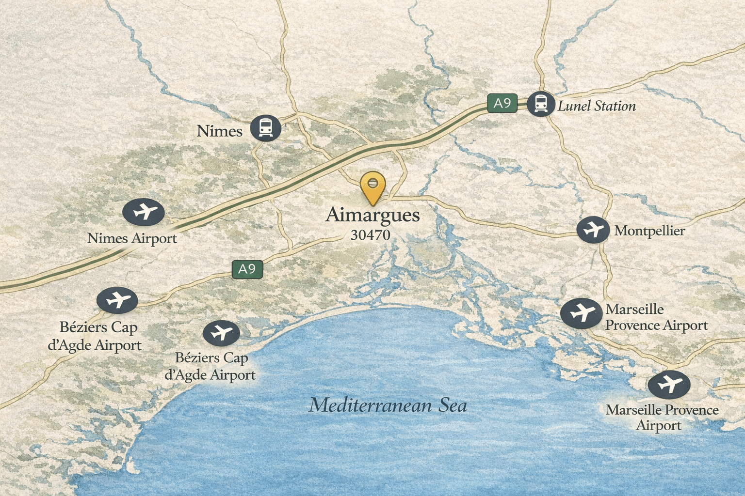 Illustrated map showing Aimargues and surrounding airports, motorways and rail stations
